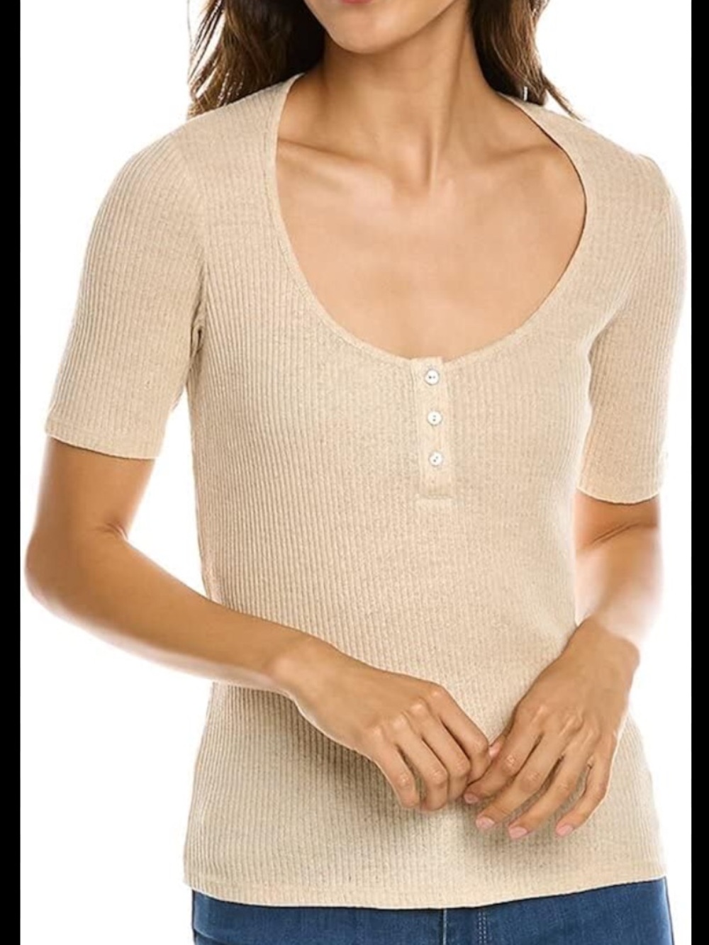 Vince Natural Scoop Neck Linen-Blend Ribbed Short-Sleeve Henley Shirt - M